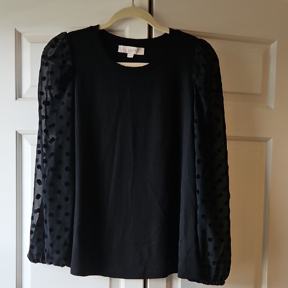 LOFT Black Blouse with Sheer Polka Dot Sleeves